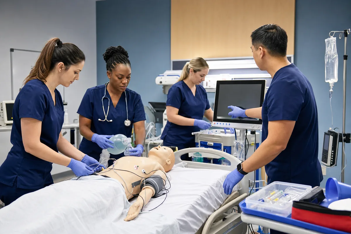 Healthcare professionals completing ACLS team training in a simulation lab
