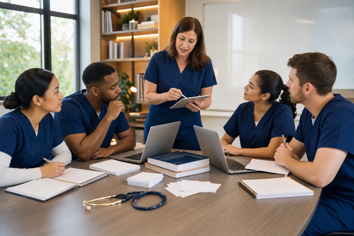 Nursing graduates studying together for the NCLEX-RN with an instructor