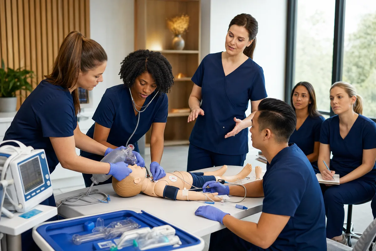 Healthcare students practicing PALS skills with a pediatric training manikin